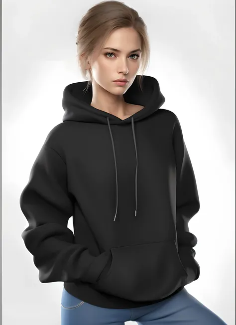 blonde 25 years old, with hairstyle Bob Bob in a black hoodie, Standing KBWJV in front of the camera, in a black hoodie, in a black hoodie, black hoodie, a girl in a hoodie, black hoodie, photograph of a techwear woman, In an oversized sweatshirt, in a bla...