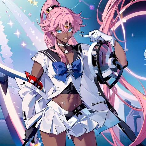 "Create a stunning artwork of a (( Beautiful,Man as hybrid of Sailor Moon with intricate details, vibrant colors, and dynamic poses, Smiling )), ((the Man has dark skin:1.4)) ,(( long white hair with Pink streaks ,)) and (( a Skimpy white and Pink Outfit w...