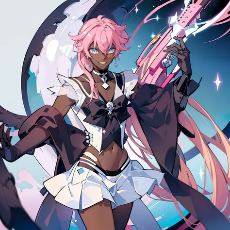 "Create a stunning artwork of a (( Beautiful,Man as hybrid of Sailor Moon with intricate details, vibrant colors, and dynamic poses, Smiling )), ((the Man has dark skin:1.4)) ,(( long white hair with Pink streaks ,)) and (( a Skimpy white and Pink Outfit w...