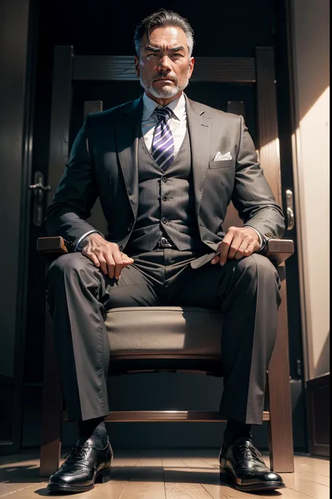 50-year-old middle-aged man，Man，Height 195，Asian people，sitting on a metal throne，God perspective，The eyes are about to face each other，Chinese men，musculature，Lift one foot，Wearing a black and white striped suit，Black and white striped trousers，purple nec...