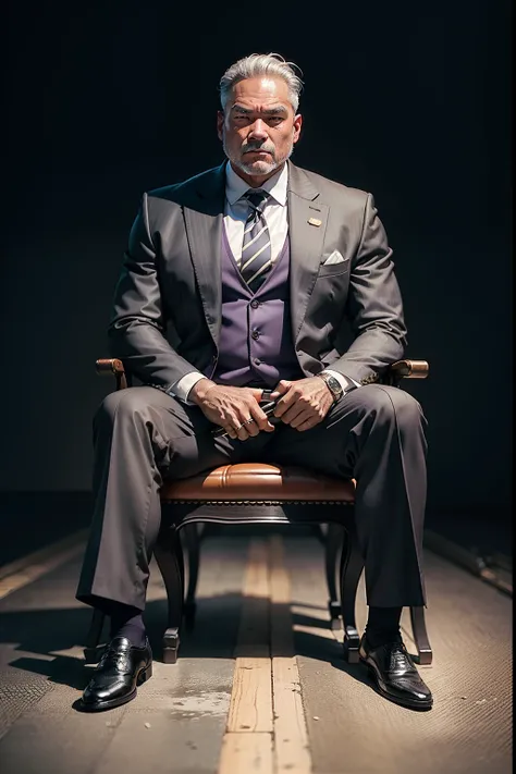 50-year-old middle-aged man，Man，Height 195，Asian people，sitting on a metal throne，God perspective，The eyes are about to face each other，Chinese men，musculature，Lift one foot，Wearing a black and white striped suit，Black and white striped trousers，purple nec...