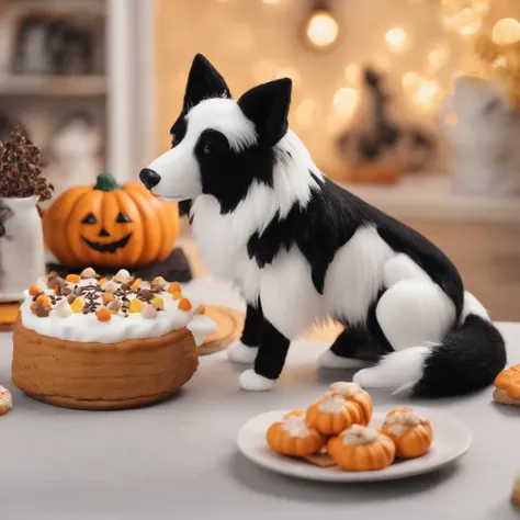 Halloween、Cute white and black border collie with black ears standing in a triangle、Fur color is white and black、prety dog、Stylish and cute bakery、Farbe々A bakery with all kinds of bread、Isometric design、miniture、Cross-sectional view of dollhouse