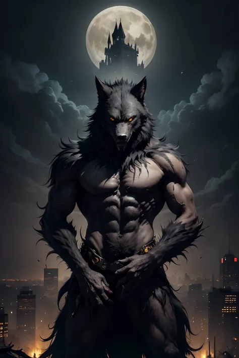 A 2-meter-tall werewolf, covered in thick, black fur, with nearly incandescent yellow eyes. It stands calmly, observing the city from above, reminiscent of the Gothic style of Gotham City. This creature embodies the essence of Gothic horror and is reminisc...