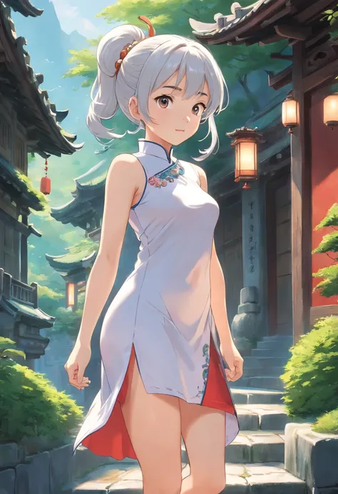 Girl in hollow cheongsam, silvery white hair:1.4, Single ponytail hairstyle, A sexy figure, Bare legs, Barefoot, Toes visible, (Best quality, 8K resolution, High-res, Masterpiece:1.2), palace background, the wallpaper, ,  Clear details, The defined row, Ci...