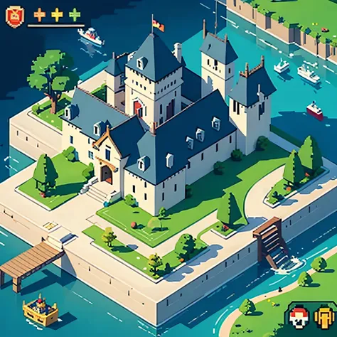 pixel game, 8bit game, icon, map, castle, dot character,