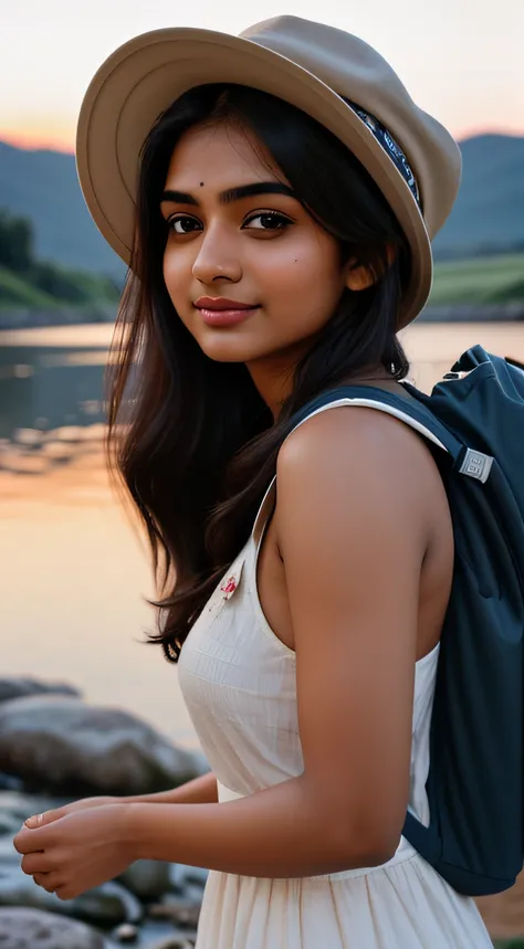 young Indian mature college girl,young Indian girl,  busty, muscle, flirty, gentle lighting ((upper body selfie, happy)), masterpiece, best quality, ultra-detailed, solo, outdoors, (night), mountains, nature, (stars, moon) cheerful, happy, backpack, sleepi...