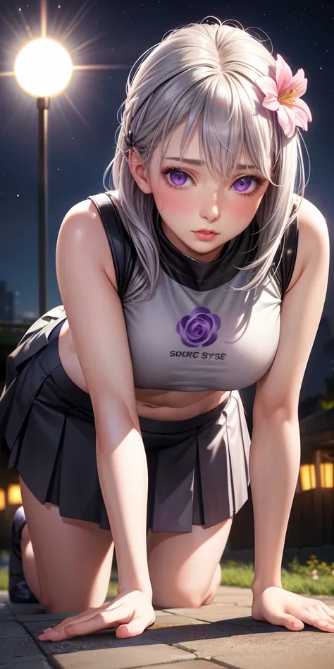 realistic, girl single, gray hair, purple eyes, glowing eyes, crop top, skirt, parted lips, blush, night, flower, sun, sunlight, all fours