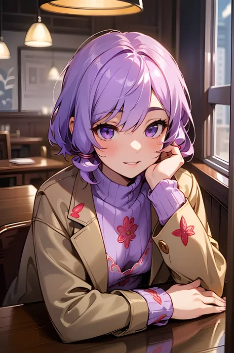 (Best Quality, Ultra-detailed, Realistic), A girl full of vitality、独奏、Yuzuki Yukari、18year old、small tits、slender body shape、I love you look、Laugh、Lilac hair、short-hair、(hair between eye)、(Embroidered sweaters、Leather Blazer)、Sit across from a table in a r...