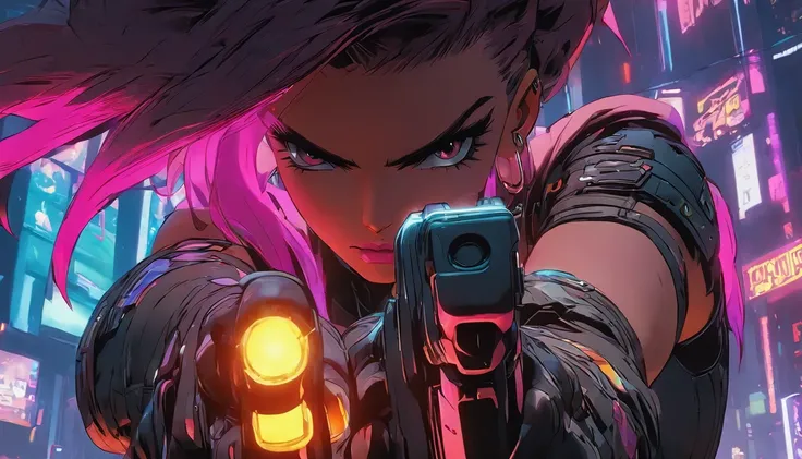 Close-up of a woman in a leather suit holding a gun, Cyberpunk 2 0 y. o model girl, cyberpunk beautiful girl, female cyberpunk anime girl, Cyberpunk girl, cyberpunk judy alvarez, Hyper-realistic cyberpunk style, cyberpunk anime girl, wojtek fus, cyberpunk ...