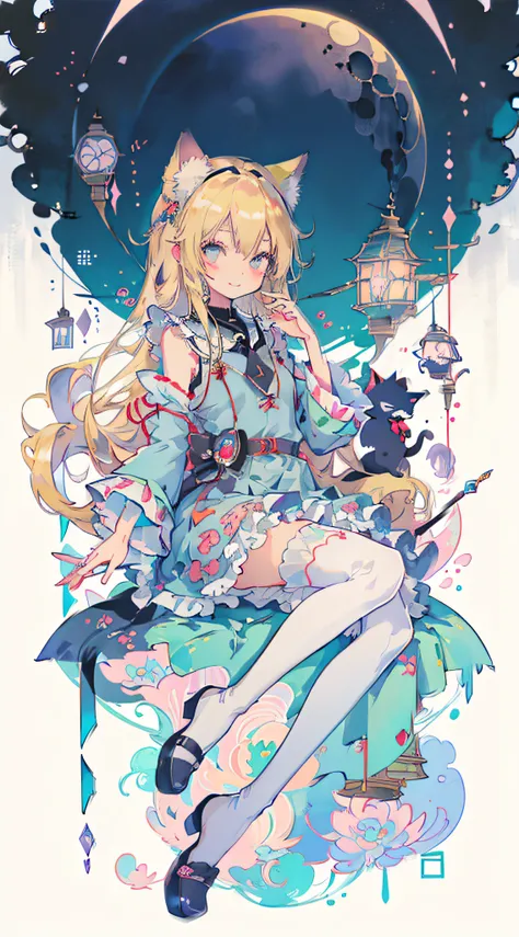 ((masutepiece, Best Quality: 1.1), ((Anime girl in blue dress with magic wand)), anime cat girl in a maid costume, Lori, ((a blond))、The long-haired、Very Beautiful Anime Cat Girl, anime catgirl, ((white knee highs)), attractive cat girl, inspired by Leiko ...