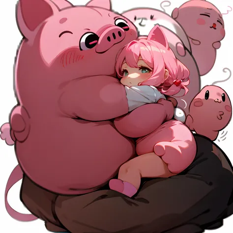 A pink pig，Holding a white cat in his arms, piggy, hug, Pig, komono, awww, Chuan Ai, sanrio, Danbru, (in pink), anime big breast, poyo, mamoru ushii, guggimon, hugs, hayao miyazki, porky pig