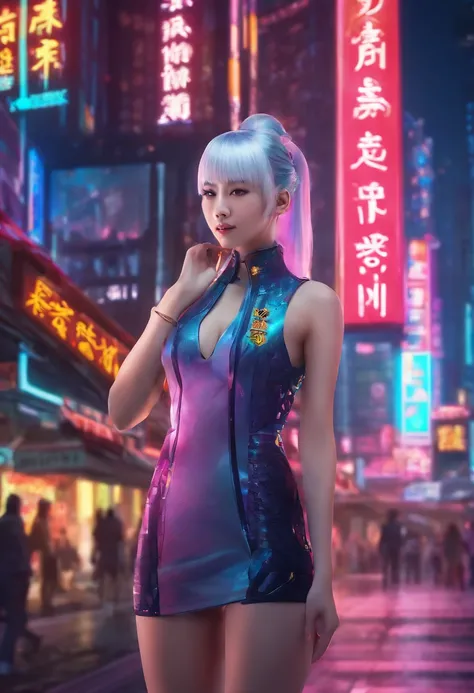 Girl in hollow cheongsam, silvery white hair:1.4, Single ponytail hairstyle, A sexy figure, Bare legs, Barefoot, Toes visible, (Best quality, 8K resolution, High-res, Masterpiece:1.2), palace background, the wallpaper, ,  Clear details, The defined row, Ci...