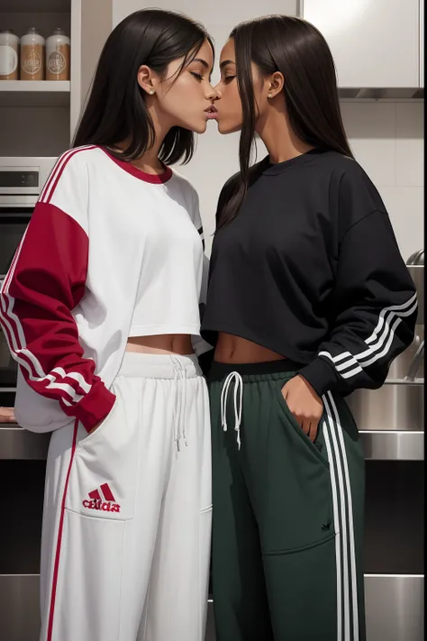 two womans kissing in baggy adidas pants