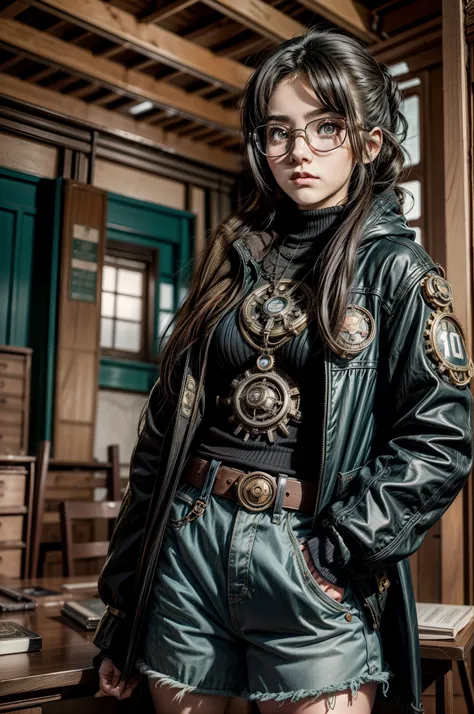 Estilo anime vintage de los 90,Retro.Chica adolescente de anime con vendaje en la nariz con gafas Steampunk con sudadera con capucha ,en una sala de juegos, Science-Fiction. , surrealista, Poco probable.