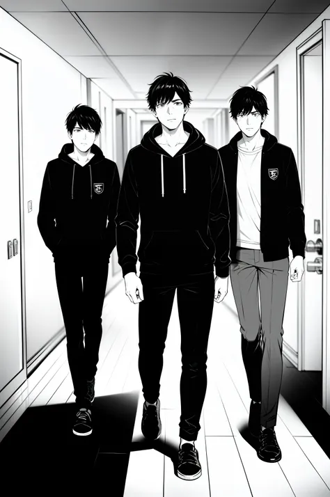 Three male students walk down the hallway of the room，One person wears a black hoodie，All with their backs to the camera