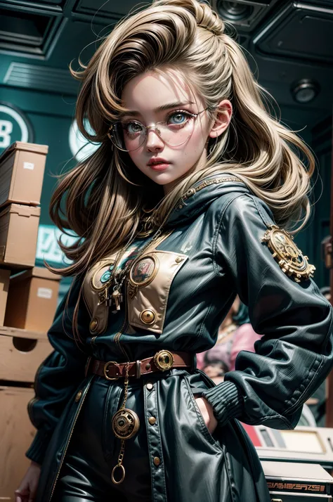 Estilo anime vintage de los 90,Retro.Chica adolescente de anime con vendaje en la nariz con gafas Steampunk con sudadera con capucha ,en una sala de juegos, Science-Fiction. , surrealista, Poco probable.