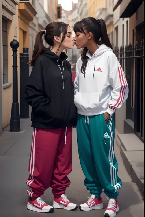 two womans kissing in baggy adidas pants