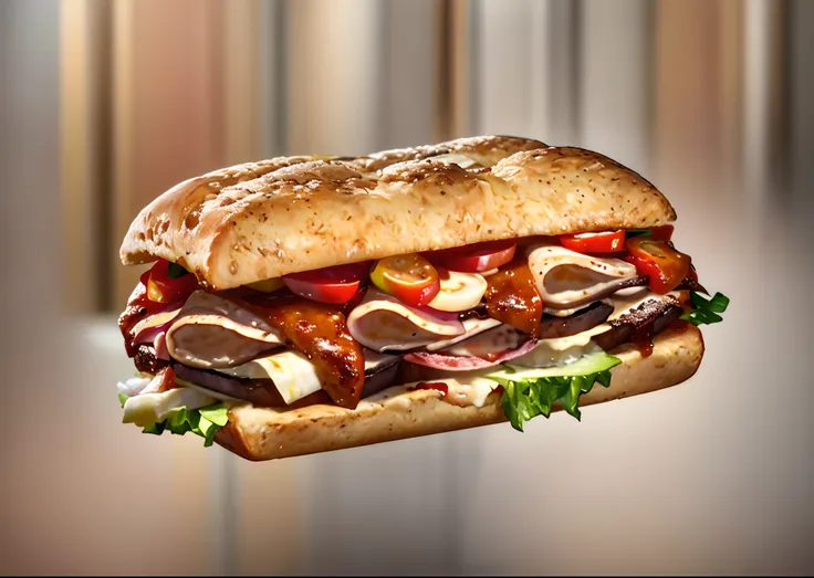 Meat sandwich close-up, Cheese, and lettuce, subways, Sandwich, chicken sandwich, Subtropics, super realistic food picture, Smoked layering, panini, Extra bacon lettuce and tomato, food commercial 4 k, artistation render, 🥥 🍕 blend, high quality food photo...