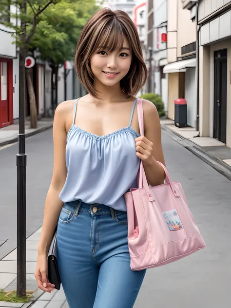 Product quality, 1 girl,  Front view, a Japanese young pretty girl, Middle hair、 Tote bag slung over shoulder,  Wearing a satin pink camisole, Short denim pants, early evening、Walk through quiet streets surrounded by luxury homes, With a big smile, hyper c...