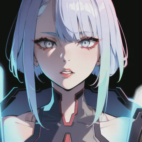 lucy (cyberpunk), 1girl, bangs, blue hair, colored tips, grey eyes, jacket, long sleeves, looking at viewer, medium hair, face portrait, multicolored hair, hair flying upwards, parted lips, parted bangs, (crazy eyes), eyes open wide, half face, pink hair, ...