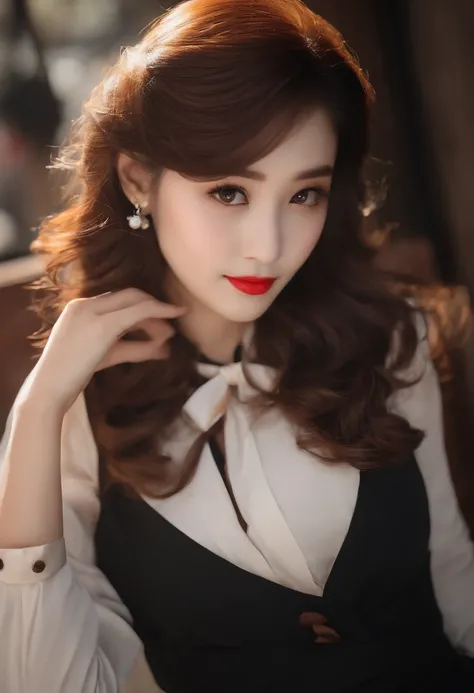 ((Best quality, 8K, Masterpiece: 1.3)), a beauti, In addition, Melon face, Friendly and lovely, Sweet smile, Pure desire, Slender body, (s whole body), (Tilted head), ((looking at the camera in)), Medium black silky loose waves，, Long flowing shoulders, ro...