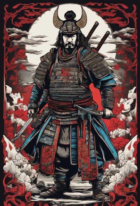 japanese cyberpunk samurai vector t-shirt print, detailed sticker style, tattoo style color drawing, white background