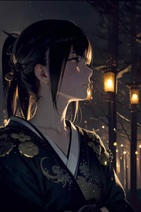 (close up shot:1.5), samurai of japan, forest glade on night background, (dusk), moonlight, bokeh, (art by jeremy mann and edvar...