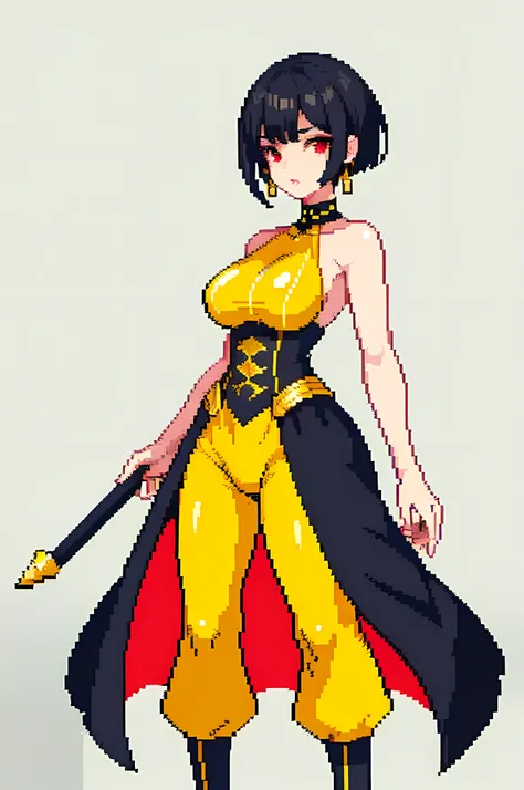 (obra-prima, qualidade superior, melhor qualidade), pixel, pixel art, 1girl, corpo inteiro, A powerful woman, who looks very powerful and superb in looks, pixie cut hair type, black hair and red eyes, wearing yellow earrings, dressed in a  and powerful bla...