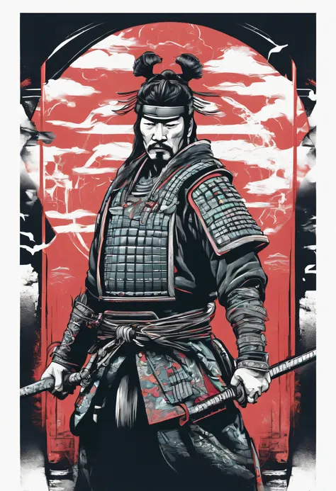 japanese cyberpunk samurai vector t-shirt print, detailed sticker style, tattoo style color drawing, white background