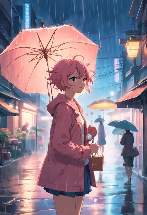 Donquixote Doflamingo chorando de raiva no meio da chuva, tempestade perfeita, gloomy setting, soft-lighting