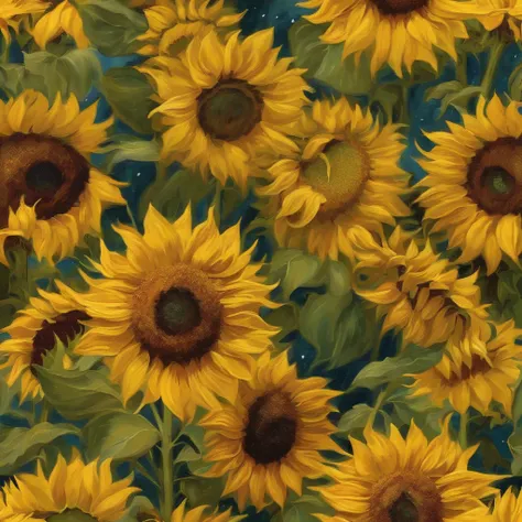 Van Gogh，starrysky，Sea of sunflowers pattern