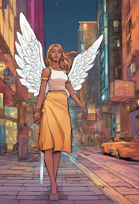 a girl in modern urbancausal  clothing whos been reincarnated in spirit as an angel, a beam of holy godray lights bestow apon her whole being as she raises her holy sword with much strength