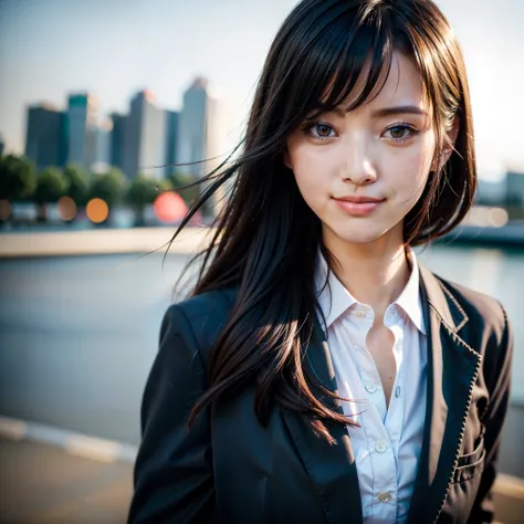 top-quality, ​masterpiece, (Photorealsitic:1.4), ultra-detailliert, Raw photo, girl with, 独奏, A smile, Dressed in a suit, portlate, a closeup, City background, natural soft light, bokeh dof