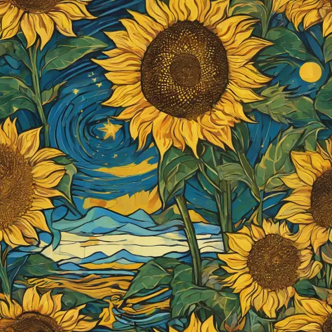 Van Gogh，starrysky，Sea of sunflowers