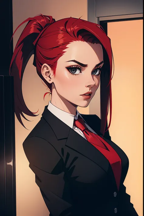 woman, red ponytail hair, wearing a black office suit, red tie,black office skirt, standing, dark, midnight