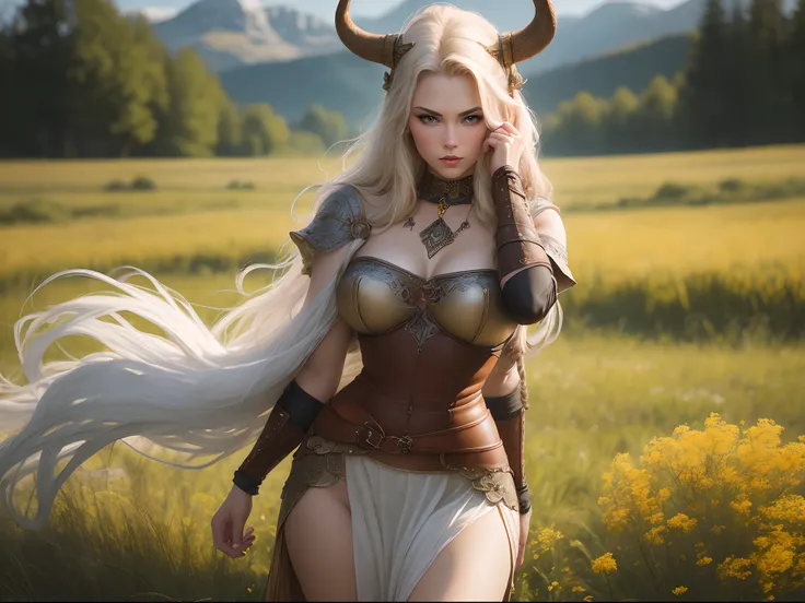 Sexy viking woman posing in a feild