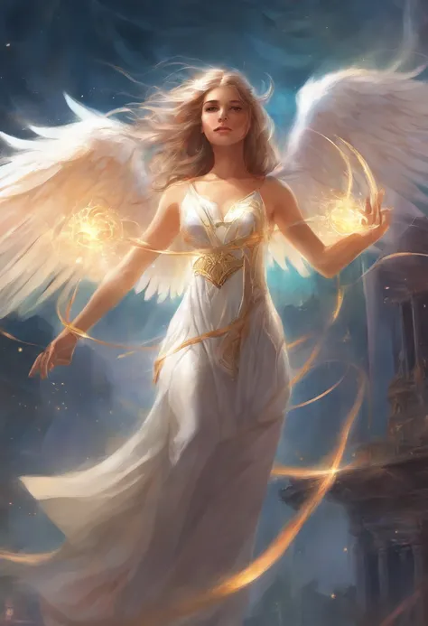 a girl in modern urbancausal clothing whos been reincarnated in spirit as an angel, a beam of holy godray lights bestow apon her whole being as she raises her holy sword with much strength