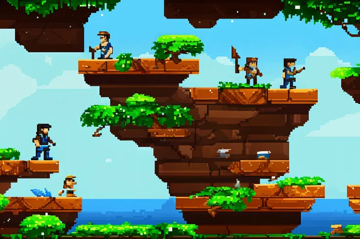 a pixel pixel game with a man standing on a cliff, plataform 2 d game, side - scrolling 2 d platformer, 2 d platformer, platafor...