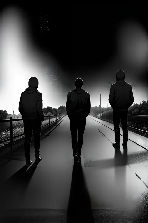 A little late at night,nigth,Three boys walking a country road，The road is lined with woods，dim street lights，One person wears a black hoodie，All with their backs to the camera