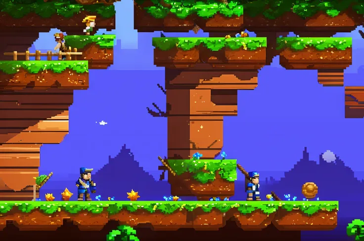 a pixel pixel game with a man standing on a cliff, plataform 2 d game, side - scrolling 2 d platformer, 2 d platformer, platafor...