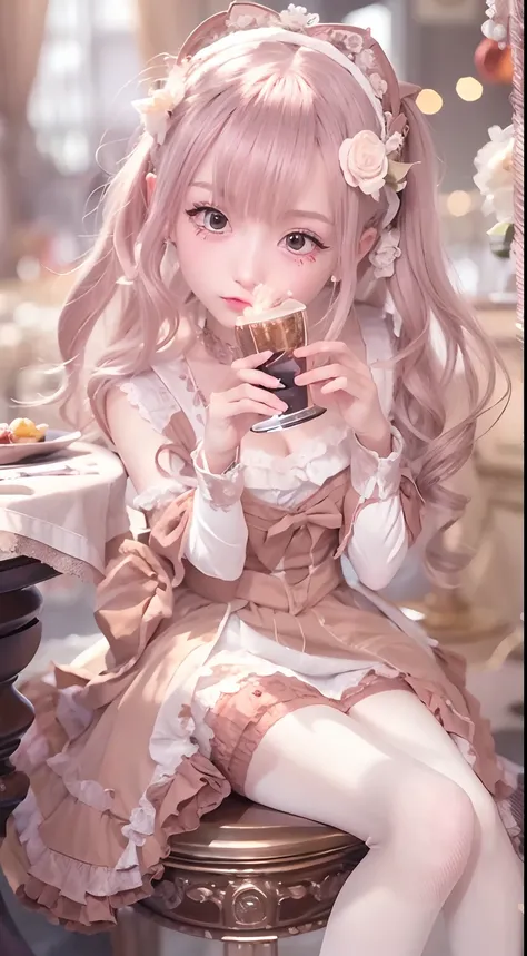 (Masterpiece, Best quality, Masterpiece,Best quality,offcial art, 8K wallpapers), Girl,chiquita，with long hair in takes, Pink hair, Wavy hair, Small breasts,(Dynamic color Lolita costume), Bare legs, Skirt lift,European restaurant，candlestick，wall，tablewar...