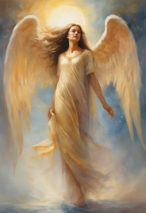 a far waya shot of a girl in causal clothing whos been reincarnated in spirit as an angel, a beam of holy godray lights falls gracefully from the heavens to bestow apon her whole being as she glows inb the holy light and raises her holy sword with much str...