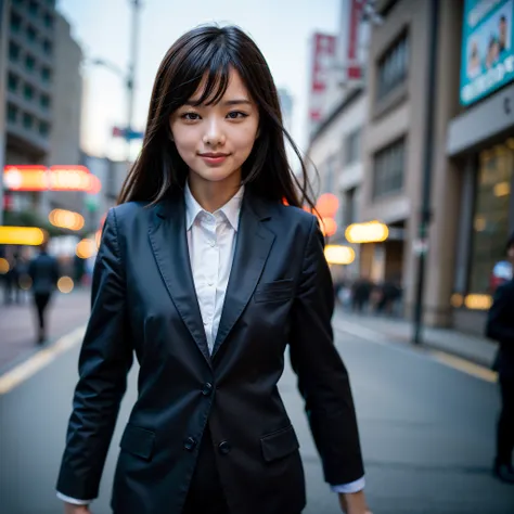 top-quality, ​masterpiece, (Photorealsitic:1.4), ultra-detailliert, Raw photo, girl with, 独奏, A smile, Dressed in a suit, portlate, a closeup, City Background, softlighting, bokeh dof