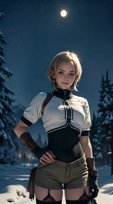 cinematic lighting, best quality, masterpiece, cowboy shot, absurdres BREAK sara, 1girl, solo, blush, shiny skin, light smile, medium breasts, thigh-highs, earring BREAK shorts, sneakers, short sleeves, gloves, leotard, outdoors, snowy field, pine tress, s...