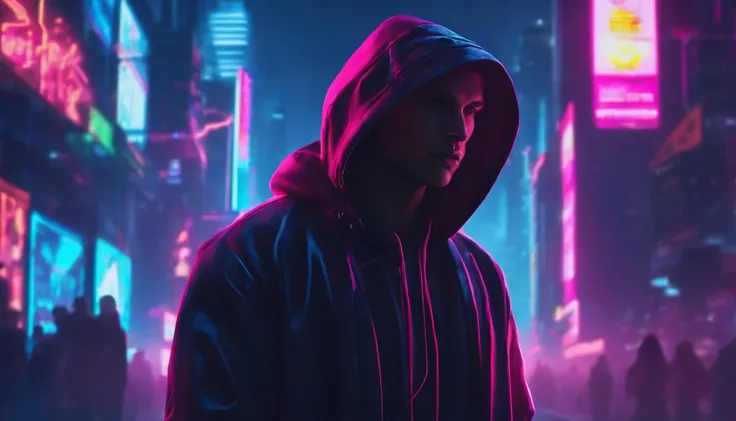 brightly lit man in hoodie with neon frame in background, cyberpunk vibes, synthwave art style, cyberpunk dude, synthwave style, synthwave inspired, synthwave art style ]!!, hero pose colorful city lighting, cyberpunk vibe, synthwave art, cyberpunk art sty...