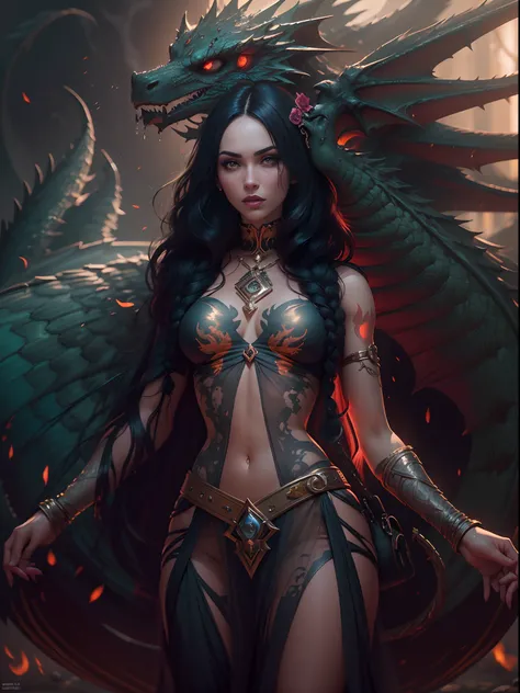 very complex hyper-maximalist overdetailed cinematic tribal darkfantasy closeup portrait of a malignant beautiful young dragon queen megan fox with long black hair and dragon scale wings, Magic the gathering, pale skin and dark eyes,flirting smiling succub...