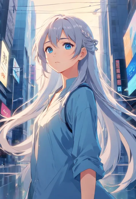 Girl with silver long hair blue eye and glass animation picture