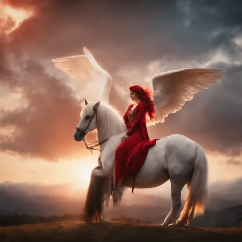 "Draw an ultra-realistic image of a red-capped angel anime sitting on a majestic unicorn."