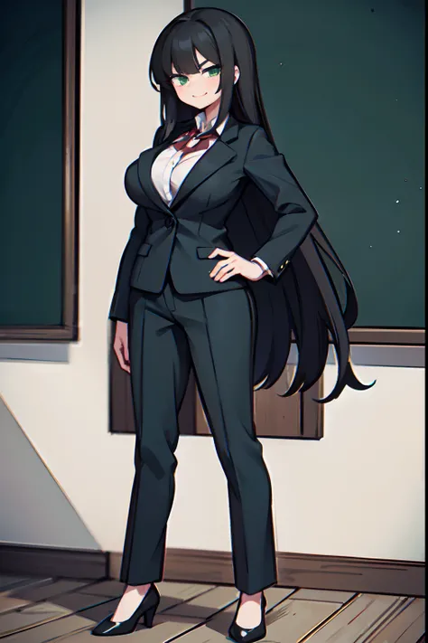 A 40 year old, mature, super tall, professional teacher, long black hair, green eyes, busty, wearing professional outfit, smirking. Full body in frame.