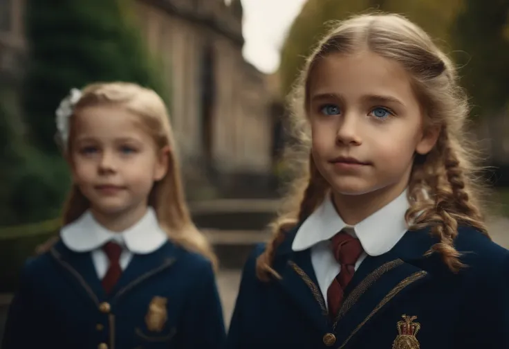 children wearing rich expensive Europeans style school uniforms, intricate details, HDR, beautifully shot, realistic, sharp focus, 64 megapixels, perfect composition, high contrast, cinematic, 8K, CAUCASIAN, GOLDEN HAIR, BLUE EYES